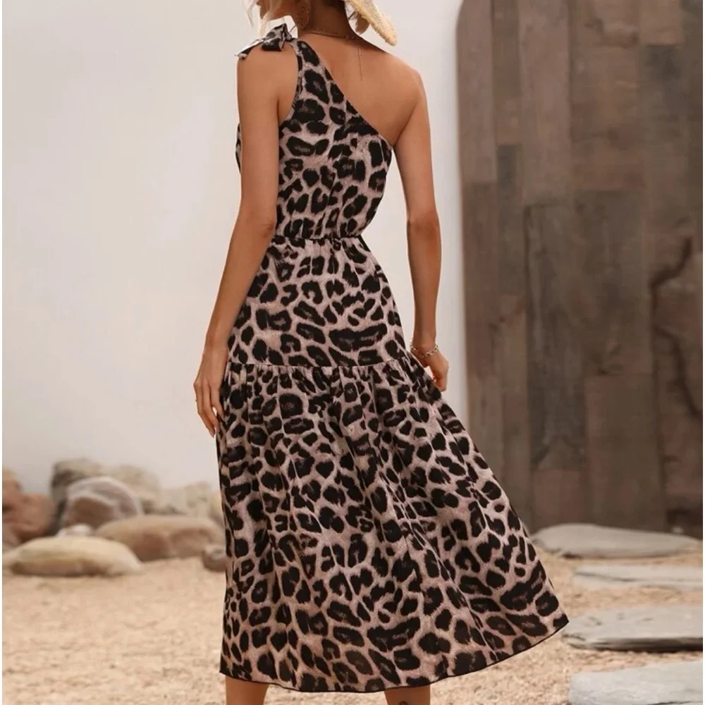 Leopard Print One Shoulder Ruffle Hem Dress - Picture 2 of 6